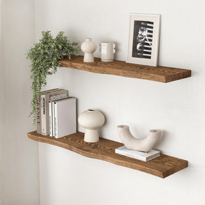 Live Edge Floating Shelf - Rustic Style Solid Wood - Heavy Duty Brackets
