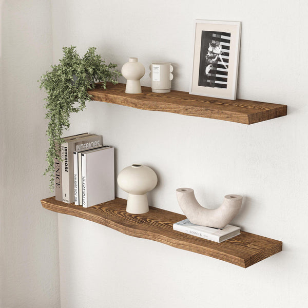 Live Edge Floating Shelf - Rustic Style Solid Wood - Heavy Duty Brackets
