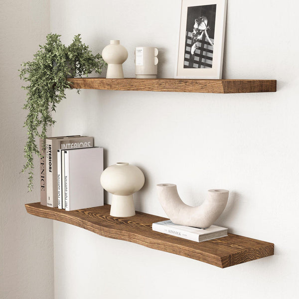 Live Edge Floating Shelf - Rustic Style Solid Wood - Heavy Duty Brackets