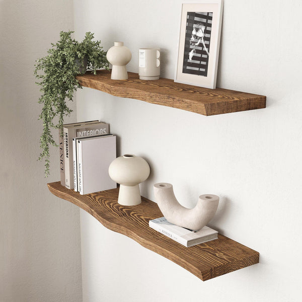 Live Edge Floating Shelf - Rustic Style Solid Wood - Heavy Duty Brackets