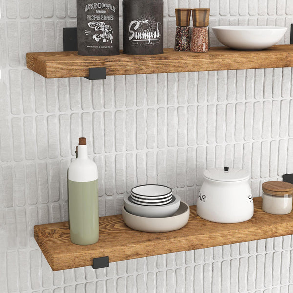 a wooden shelf with various kitchen items, including a bottle, a bowl, a teapot, and a salt and pepper shaker.