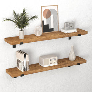 two wooden shelves mounted on a wall, each holding various decorative items such as a plant, a clock, a vase, and a book.