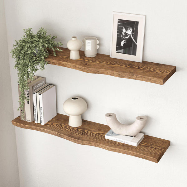 Live Edge Floating Shelf - Rustic Style Solid Wood - Heavy Duty Brackets