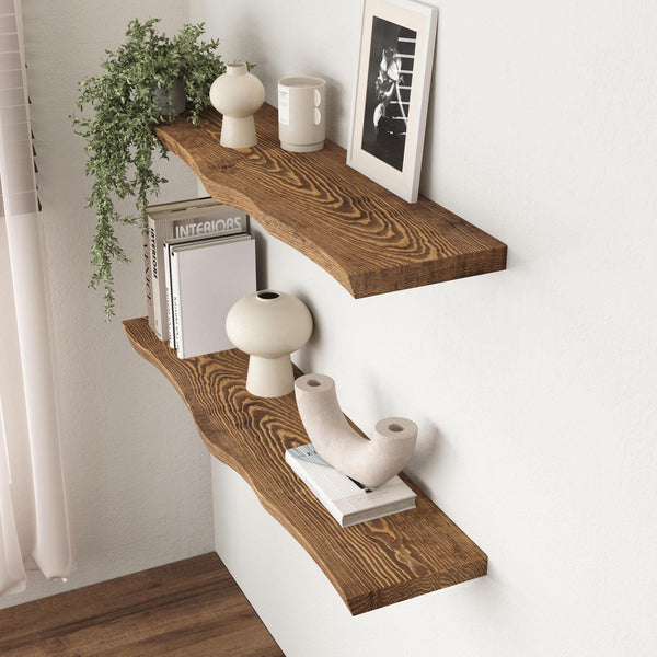 Live Edge Floating Shelf - Rustic Style Solid Wood - Heavy Duty Brackets