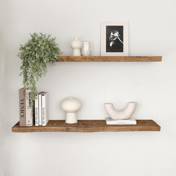 Live Edge Floating Shelf - Rustic Style Solid Wood - Heavy Duty Brackets