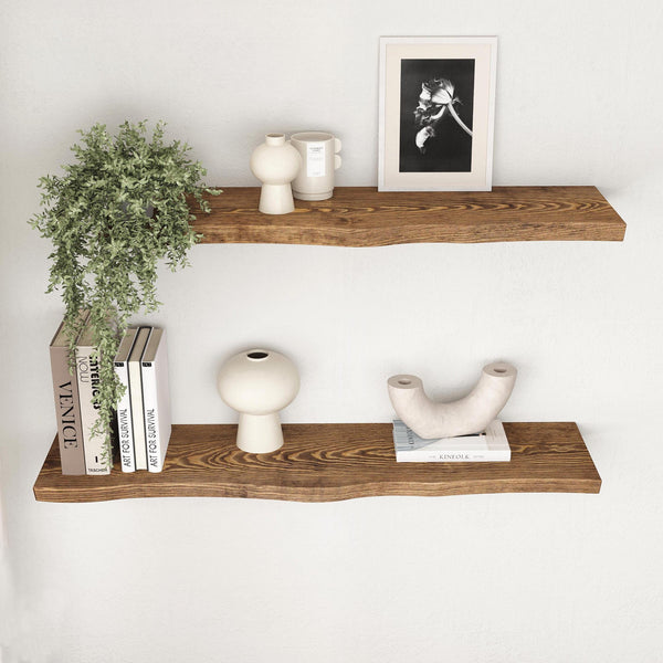 Live Edge Floating Shelf - Rustic Style Solid Wood - Heavy Duty Brackets