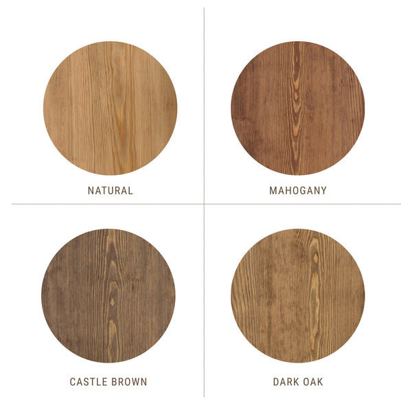 four different shades of natural wood, including Castle Brown, Mahogany, Castle Brown, and Dark Oak.