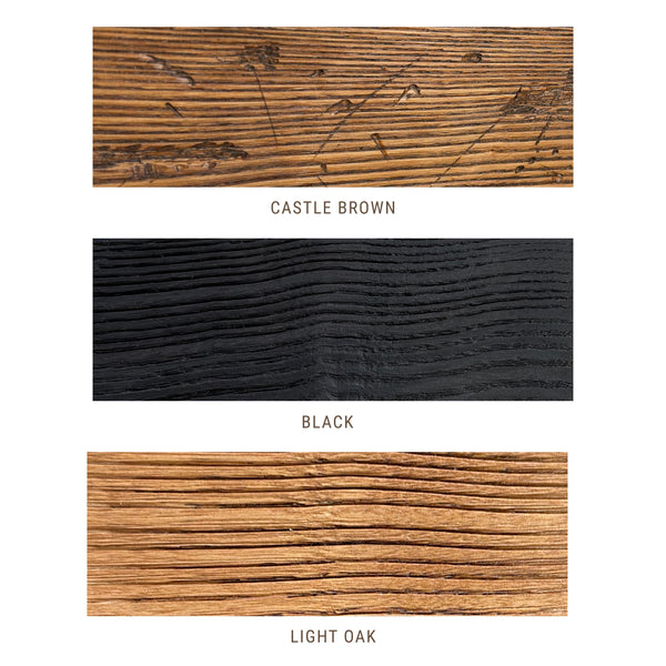 three different types of wood grain textures: Castle Brown, Black, and Light Oak.