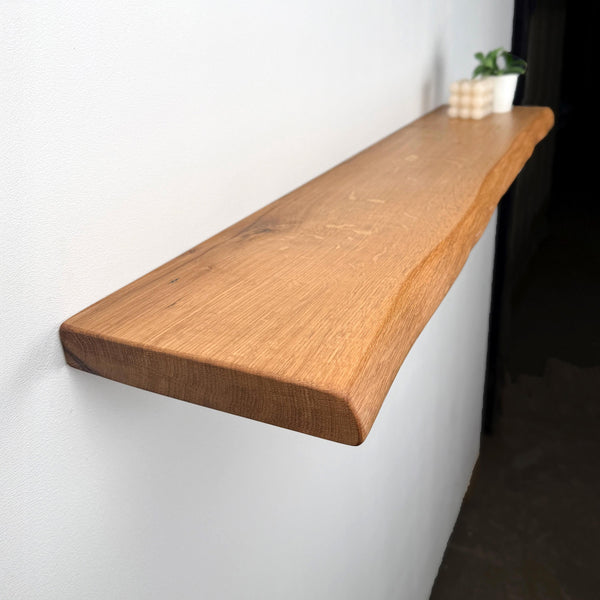 A wooden shelf mounted on a white wall, with a small plant on the shelf and a white object on the wall.