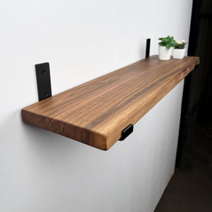 A wooden shelf mounted on a white wall, with a small plant on the shelf and a black metal bracket on the wall.